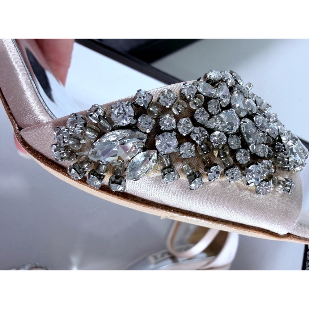 Badgley Mischka Light Pink Crystal Embellished Satin Block Heel Sandals Slides 6 - Picture 16 of 16